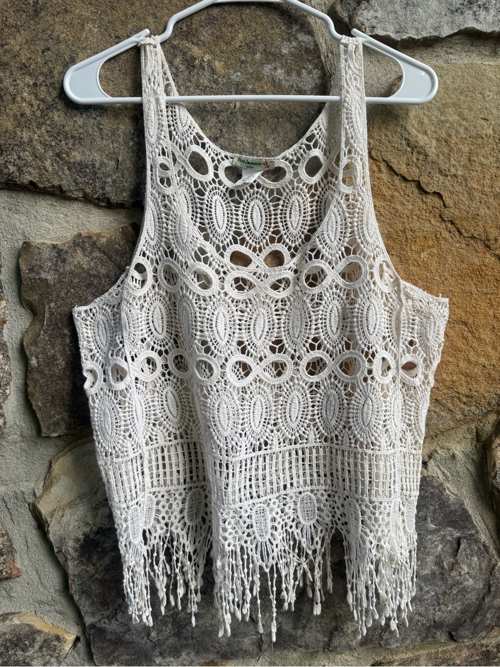 Boho Festival Cream Crochet Fringe Camisole Tank Top Small 100% Cotton